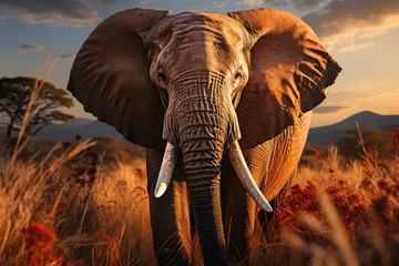 Foto auf Acrylglas Kilimandscharo Lonely African elephant crosses the savannah at sunset, majestic and imposing., generative IA