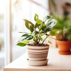 A beautiful houseplant in a ceramic pot sits on a table near a window.
