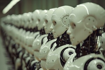 mass production white ai robots, worker robots