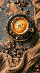 freshly brewed cup of coffee in a rustic setting, with whole beans scattered around on a weathered surface, accompanied by a textured cloth, invoking a sense of warmth and aromatic richness