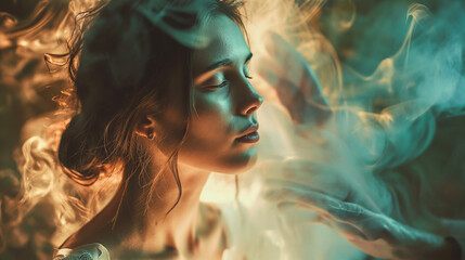 A beautiful young woman is captivated by a mystical spell, surrounded by ethereal wisps of smoke - obrazy, fototapety, plakaty