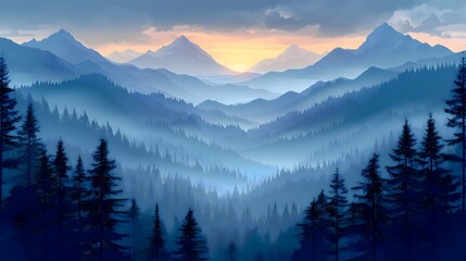 2d illustration of mountains and forest as a background with clouds in watercolor