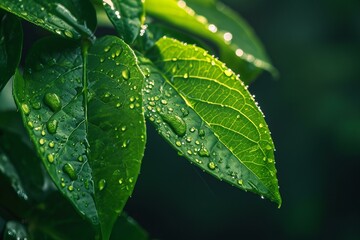 close-up, nature background, water drops on green leaf