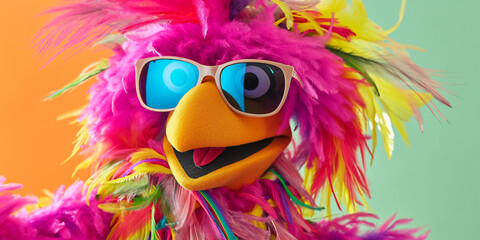 Naklejka premium Lustige bunte Vogel Puppe mit Sonnenbrille auf Hippi in pink, ai generativ