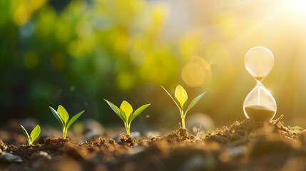 Young green plants are growing. Concept of patience, hourglass