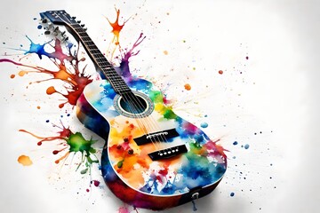 A watercolor guitar adorned with vibrant color splashes takes center stage against a pristine white...