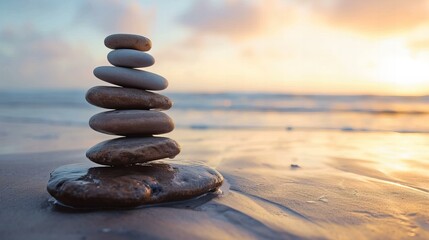 stacked stone pebbles on wet sand at the beach, with the theme of "Balance and Harmony