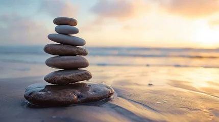 Fotobehang Stenen in het zand stacked stone pebbles on wet sand at the beach, with the theme of "Balance and Harmony