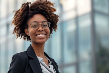 Young african professional business woman wearing glasses and smiling. happy office worker