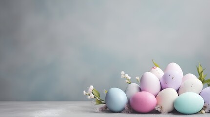 Colorful Easter eggs and blooming pink flowers on light gray background, copy space