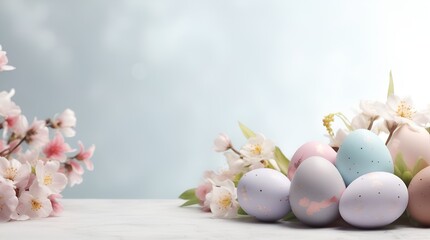Naklejka na ściany i meble Colorful Easter eggs and blooming pink flowers on light gray background, copy space