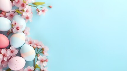 Colorful Easter eggs and blooming pink flowers on light blue background, copy space
