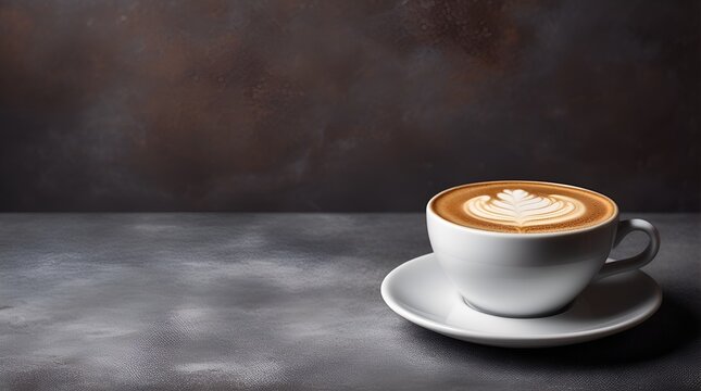 Cup of cappuccino on the table, gray and brown background, copy space