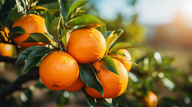 Ripe oranges, tangerines growing on a citrus branch with green leaves in an orchard. Sunny day. Bokeh effect. AI generative