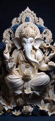 White and blue 3D rendering of Hindu god Ganesha sitting on a lotus flower