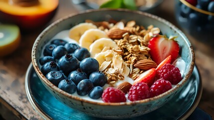 Healthy breakfast bowl with oatmeal, berries, fruits and nuts