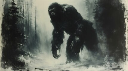 Mysterious Bigfoot Creature Looming in a Shadowy, Mist-Filled Forest. Cryptids wallpaper for mystery enjoyers.