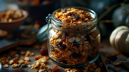Homemade granola with nuts and raisins in a glass jar, selective focus