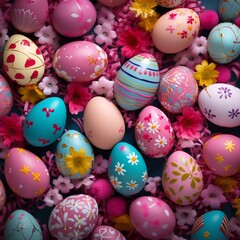 Fototapeta na wymiar Colorful easter eggs and flowers on a dark blue background. AI.