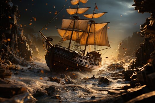 Cargo boat being carried frantically in busy port., generative IA