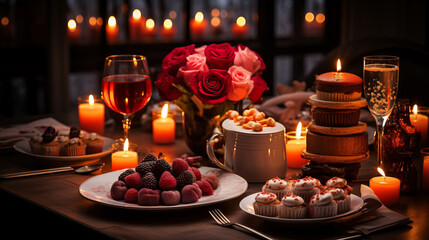 Valentine's day and love concept. Table setting decorated for romantic dinner.