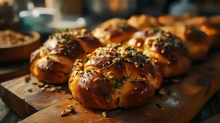 Zelfklevend Fotobehang Freshly baked sweet braided bread with sesame seeds on a wooden cutting board © shameem