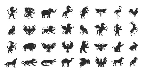 Animals logo set. Animals elements for emblem, logo, Coat of Arms design. Animals icons. Wild Animals silhouettes. Vector illustration.  - obrazy, fototapety, plakaty