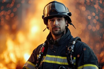 Man in a firefighter uniform, heroic pose, fire in background - obrazy, fototapety, plakaty