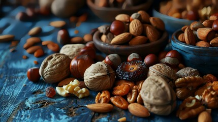 Mix of nuts on a wooden background. Nuts mix with walnuts, almonds, pistachios, hazelnuts, walnuts, and walnuts.