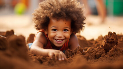 Curly African American child playing with friends in the sand.