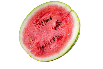 Half of a juicy watermelon on a white background. A piece of watermelon isolated on a white background. Ripe, juicy, full of vitamins watermelon.