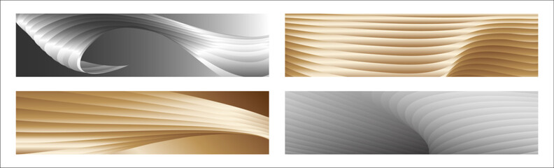 Wavy silver and gold parallel gradient lines, ribbons, silk. Set of 4 backgrounds. Black and white with shades of gray or golden silk. Banner, poster. eps vector