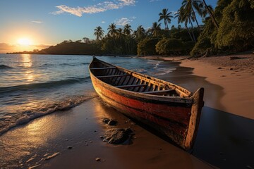 Canoa waiting, isolated beach, imminent journey., generative IA