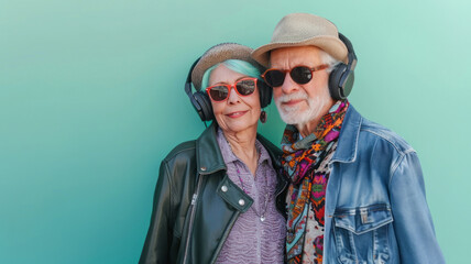 Seniors, fashion and retro selfie friends with sunglasses, headphones and vintage clothes in retirement.