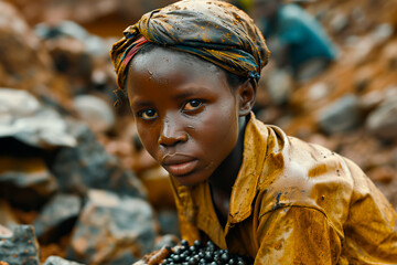 Conceptual image of African people working hard in inhumane conditions extracting minerals. Cobalt mining in the Congo