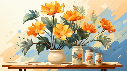 Three vases of orange flowers on a table