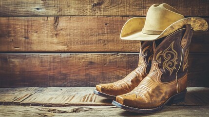 Wild West retro cowboy hat and pair of old leather boots on wooden floor. Vintage style filtered photo - obrazy, fototapety, plakaty