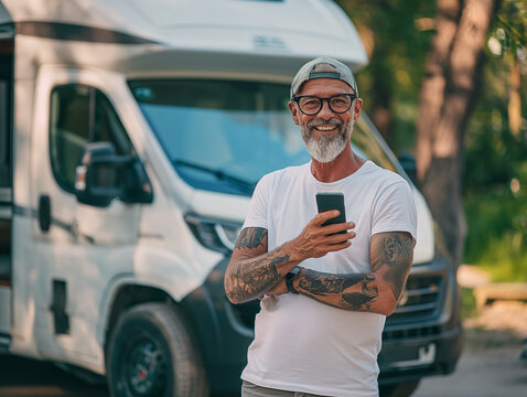Mature tattooed man standing near rv camper van on vacation using mobile phone. Smiling mature active traveler holding smartphone enjoying free internet in camping tourism nature park