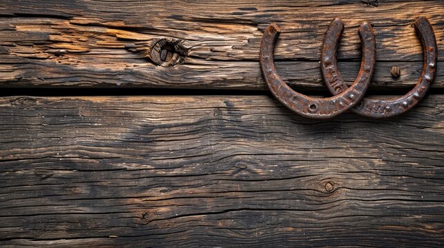 Two old rusty horseshoes, old horseshoe on wooden background