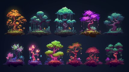 Set of cartoon magic, sci-fi trees. Colorful trees for game. Pixel art, 8 bit for video game UI - obrazy, fototapety, plakaty