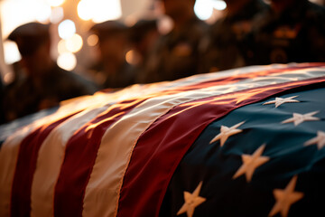 A military honor guard carrying a flag-draped casket during a memorial service, with a blurred background and ample copy space. - obrazy, fototapety, plakaty