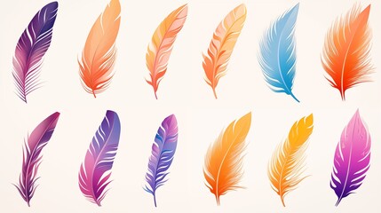Set of magic colorful feathers. Multicolor feather watercolor hand drawn, illustration. 