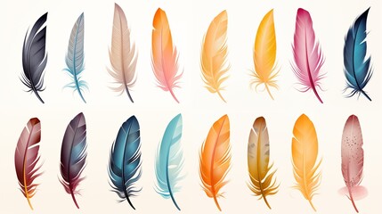 Set of magic colorful feathers. Multicolor feather watercolor hand drawn, illustration.  - obrazy, fototapety, plakaty