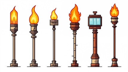 Set of cartoon torch with fire. Colorful torch with fire for game. Pixel art, 8 bit for video game UI - obrazy, fototapety, plakaty