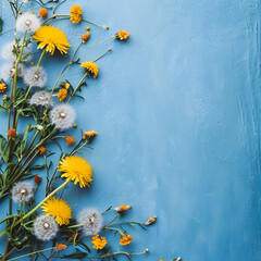 Summer natural blue background. White and yellow dandelions and butterflies on a blue background. Soft focus.
