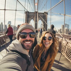 Tourists taking selfie on Brooklyn Bridge, New York City