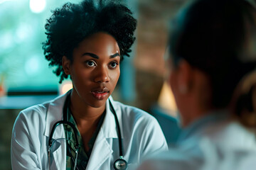 A doctor of one ethnicity consulting a patient of another in a healthcare setting, featuring diverse ethnicities, with a blurred background, bokeh effect, and ample copy space.