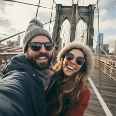 Tourists taking selfie ion Brooklyn Bridge, New York City
