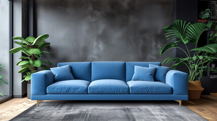 Blue sofa against concrete wall in Scandinavian loft home with gray carpet and plants around. Home Interior.