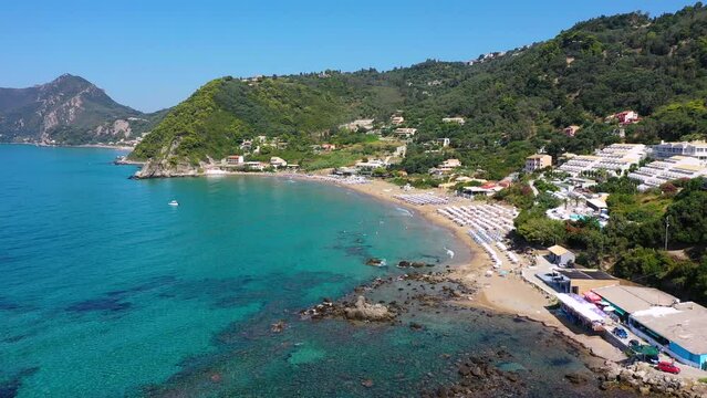 Aerial drone view over Pelekas Kontogialos beach. Corfu, Greece. View of Beach of Kontogialos, Pelekas, Corfu, Greece.